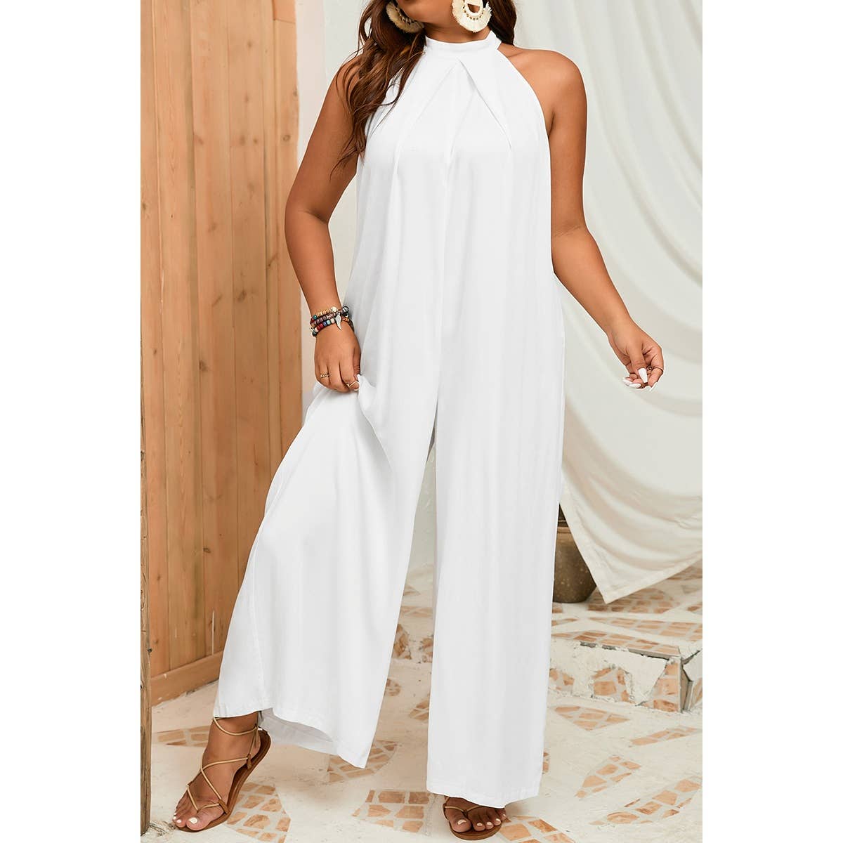Plus Solid Sleeveless Halter Wide Leg Jumpsuit