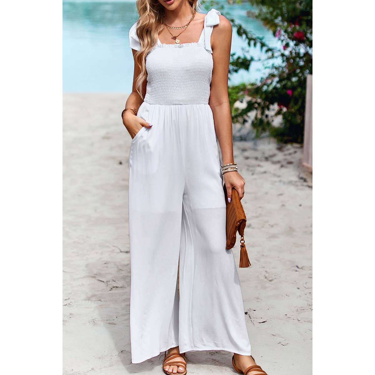 Knot Soild Ruched High Waist Pockets Lined Jumpsuit