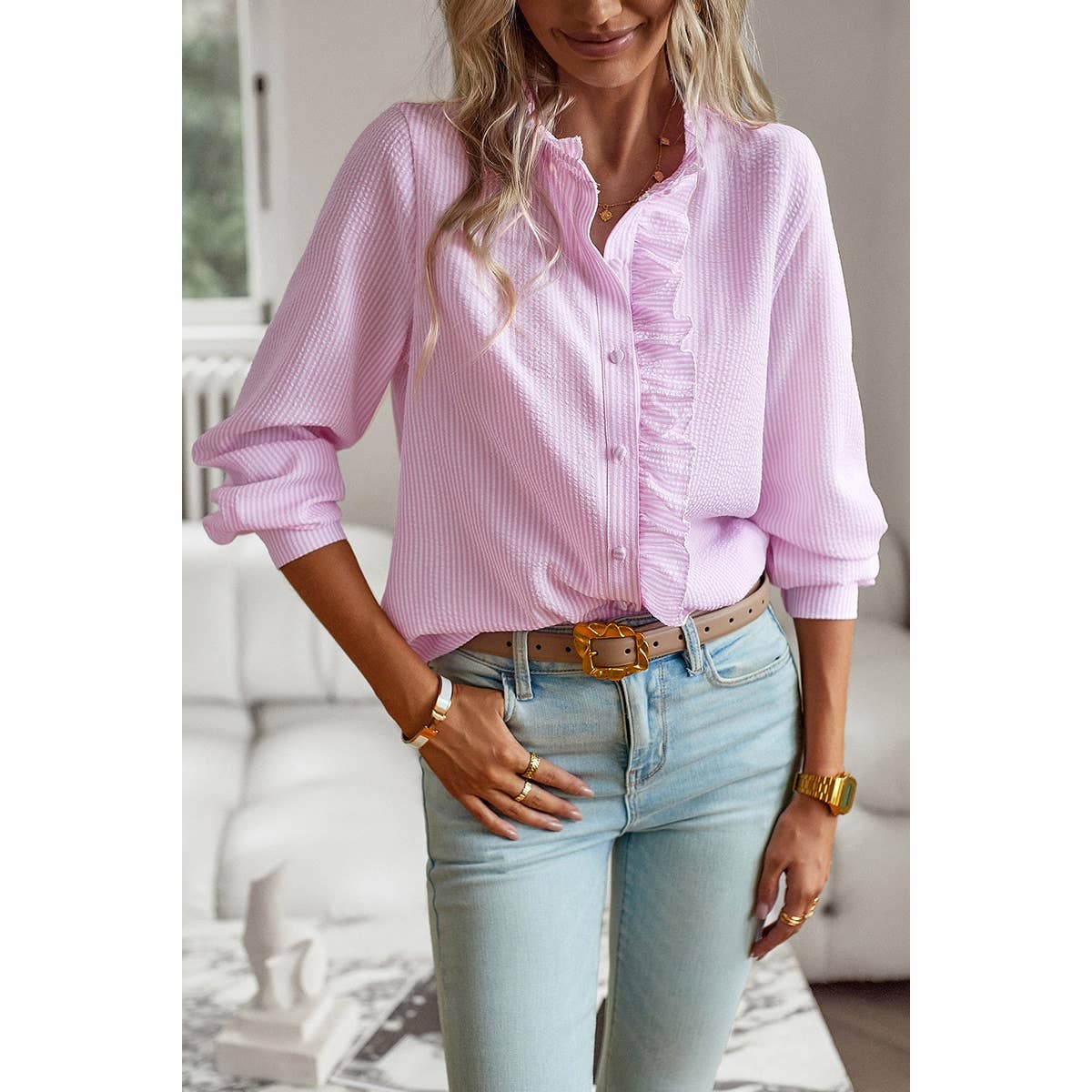 Frenchy Striped Print Ruffle Trim Button Front Shirt