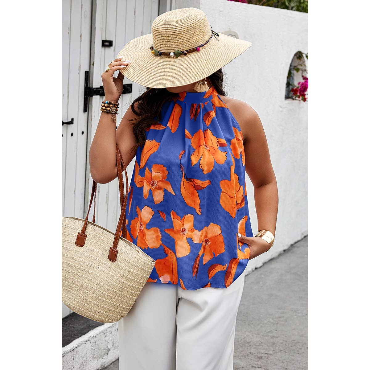 Plus Gingko Leaf Print Short Sleeve Halter Shirt