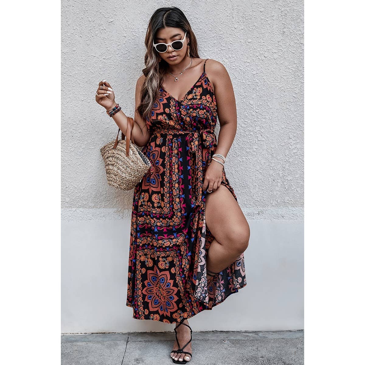 Plus Size Floral Belted Cami Boho Long Dress