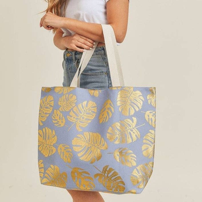 MB0085 Silver Tropical Leaf Foil Beach Bag