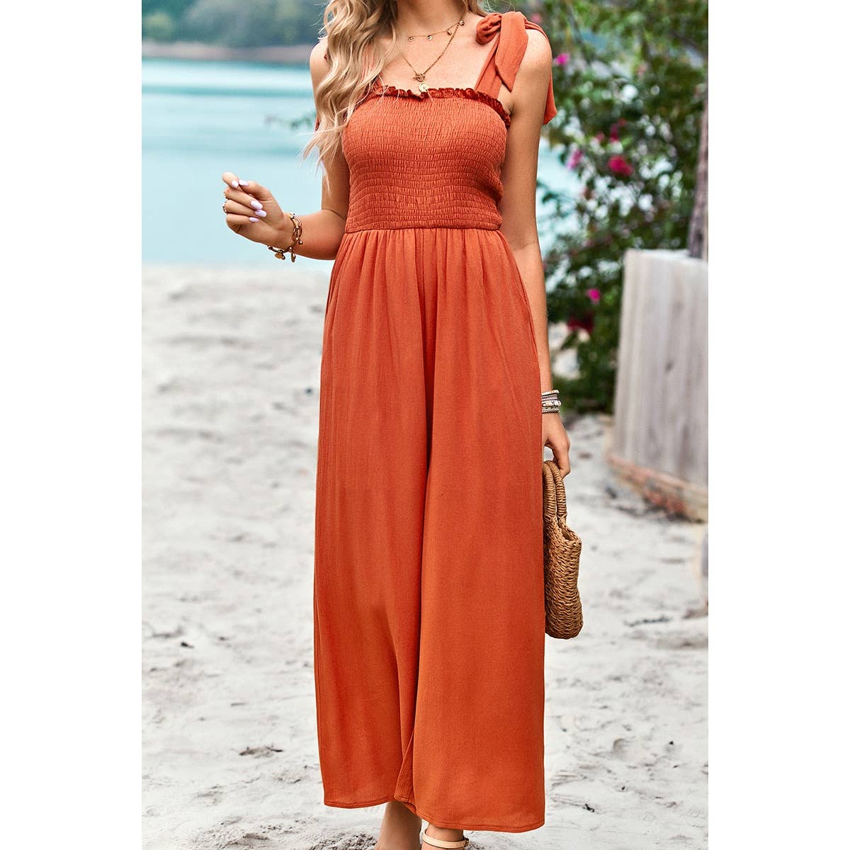 Knot Soild Ruched High Waist Pockets Lined Jumpsuit