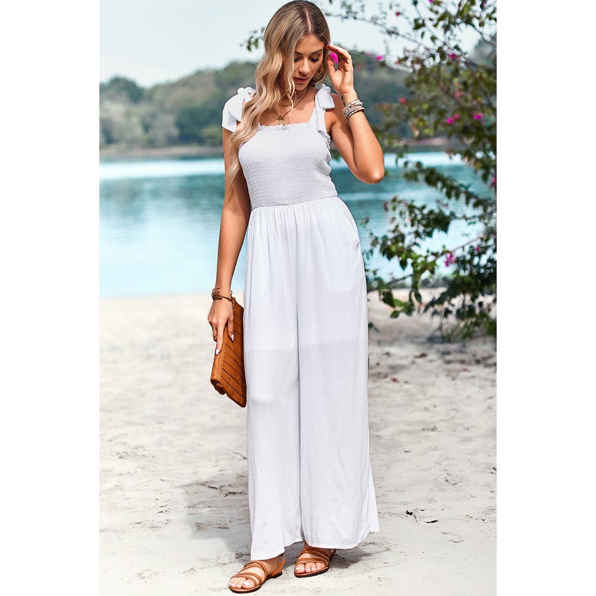 Knot Soild Ruched High Waist Pockets Lined Jumpsuit