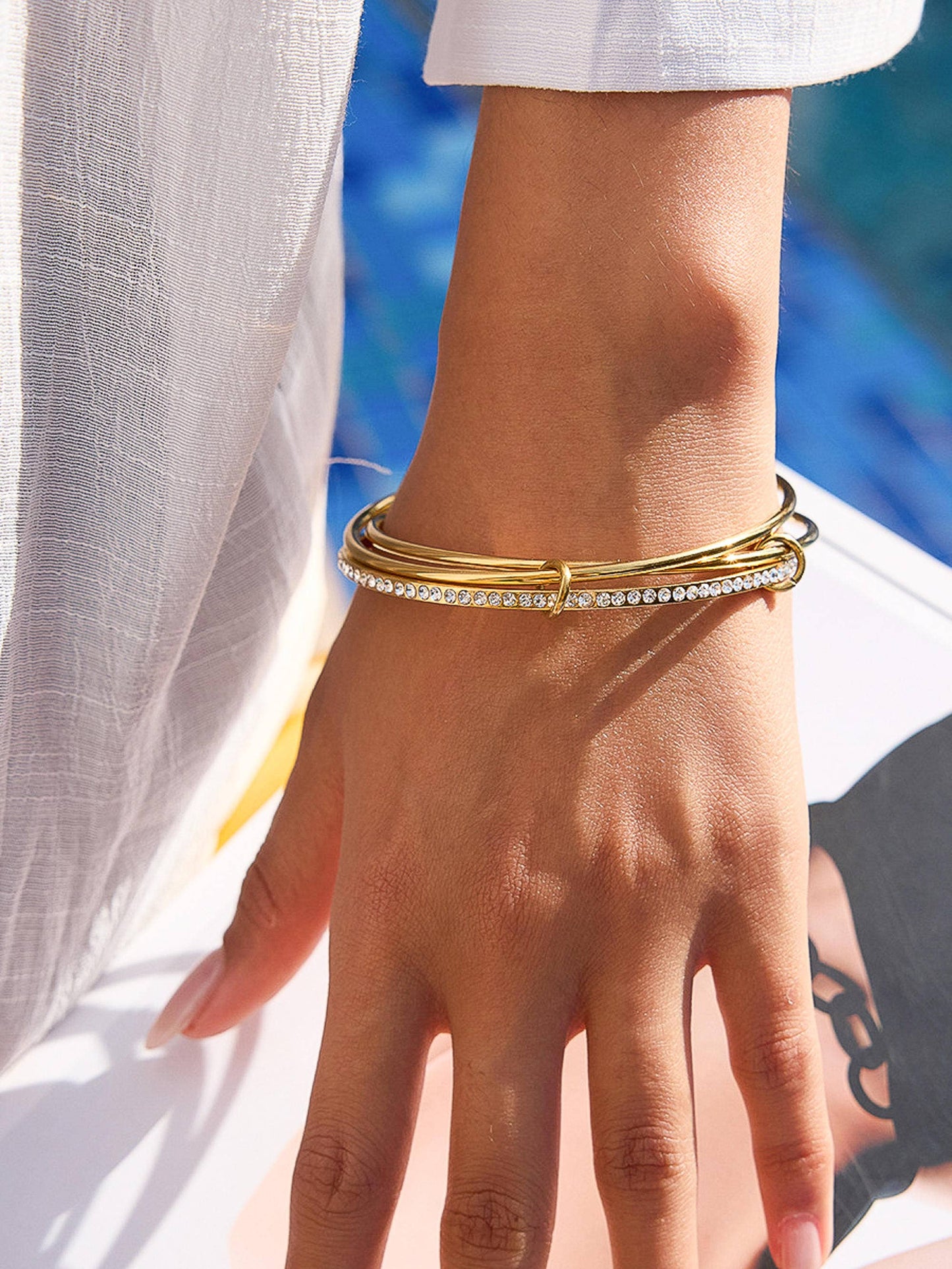 Frisson 18K Gold Non-Tarnish Rhinestone Stack Bracelet