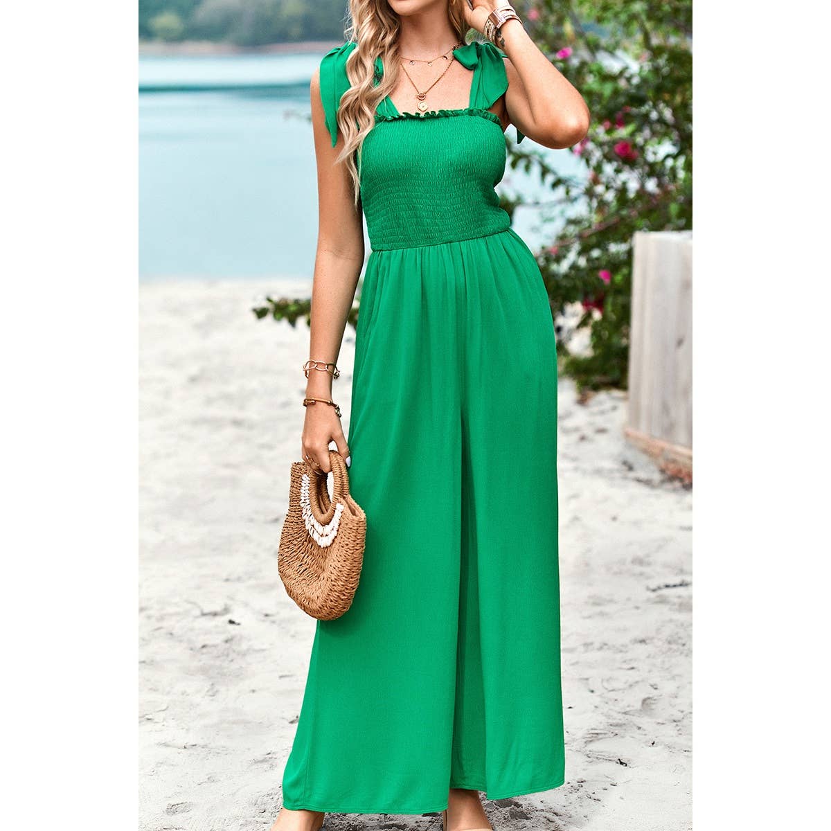 Knot Soild Ruched High Waist Pockets Lined Jumpsuit