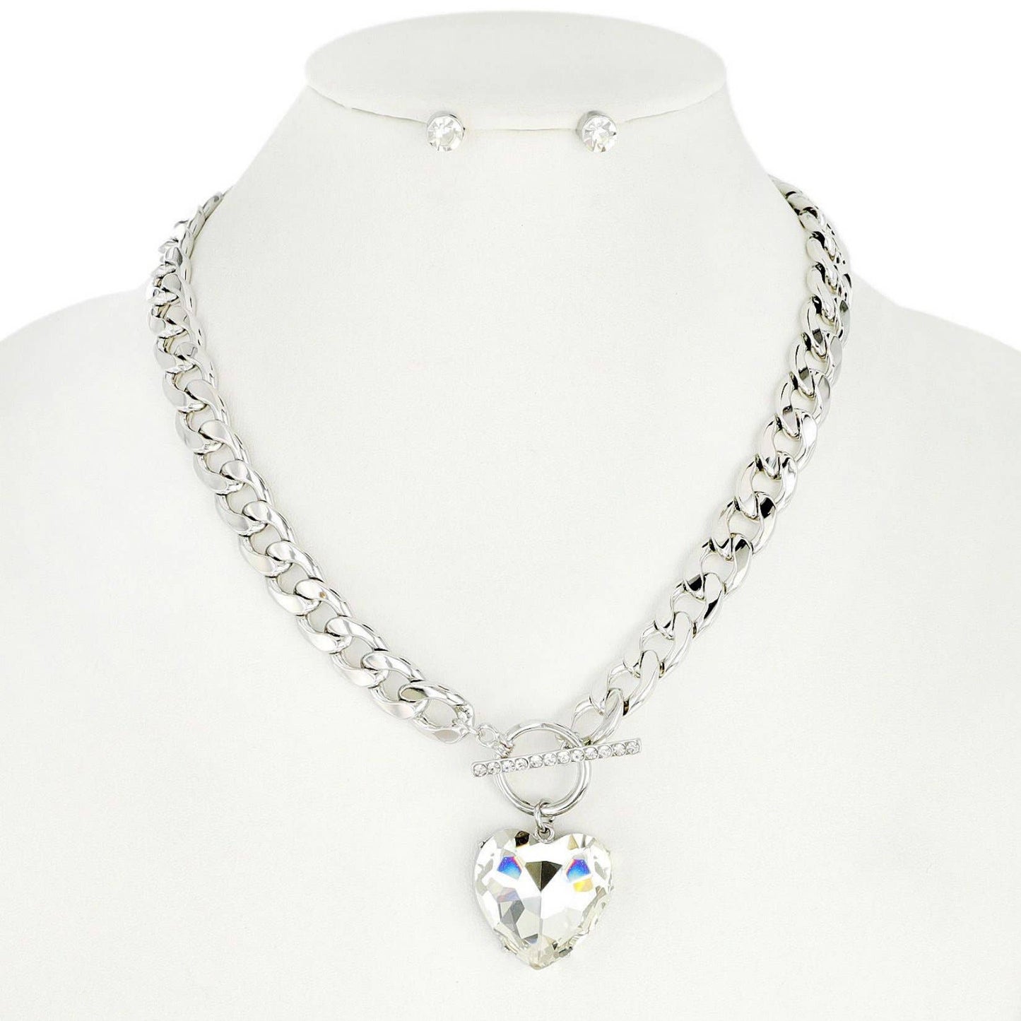 Crystal Heart Pendant Chain Necklace & Earring Set