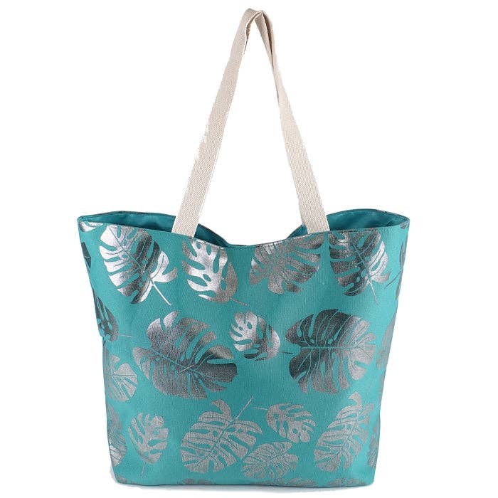 MB0085 Silver Tropical Leaf Foil Beach Bag