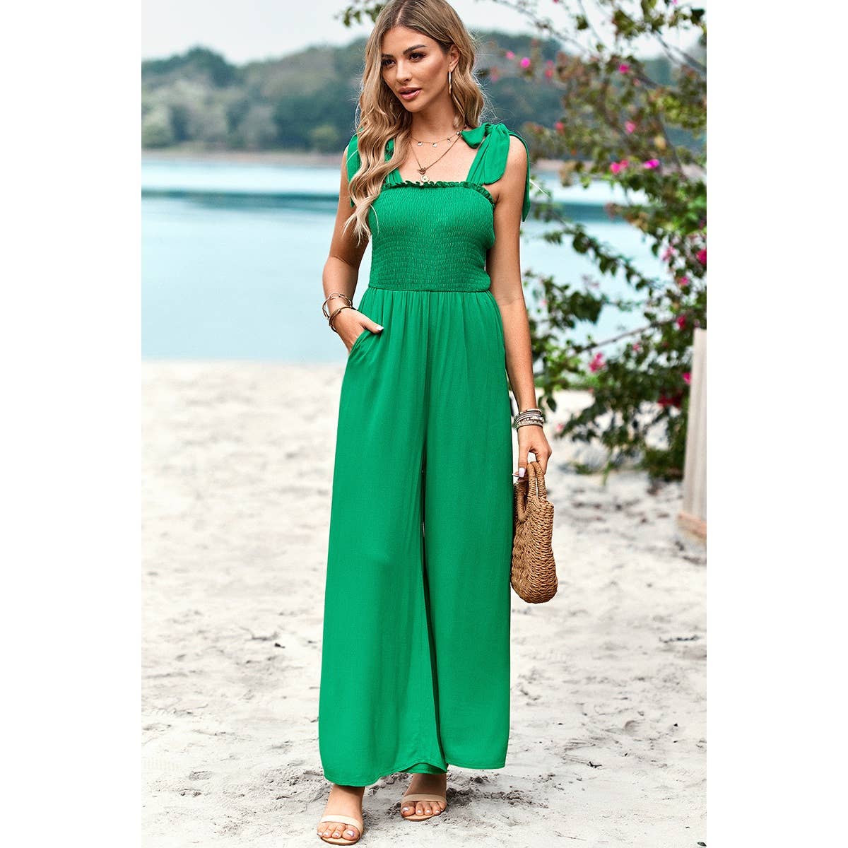 Knot Soild Ruched High Waist Pockets Lined Jumpsuit